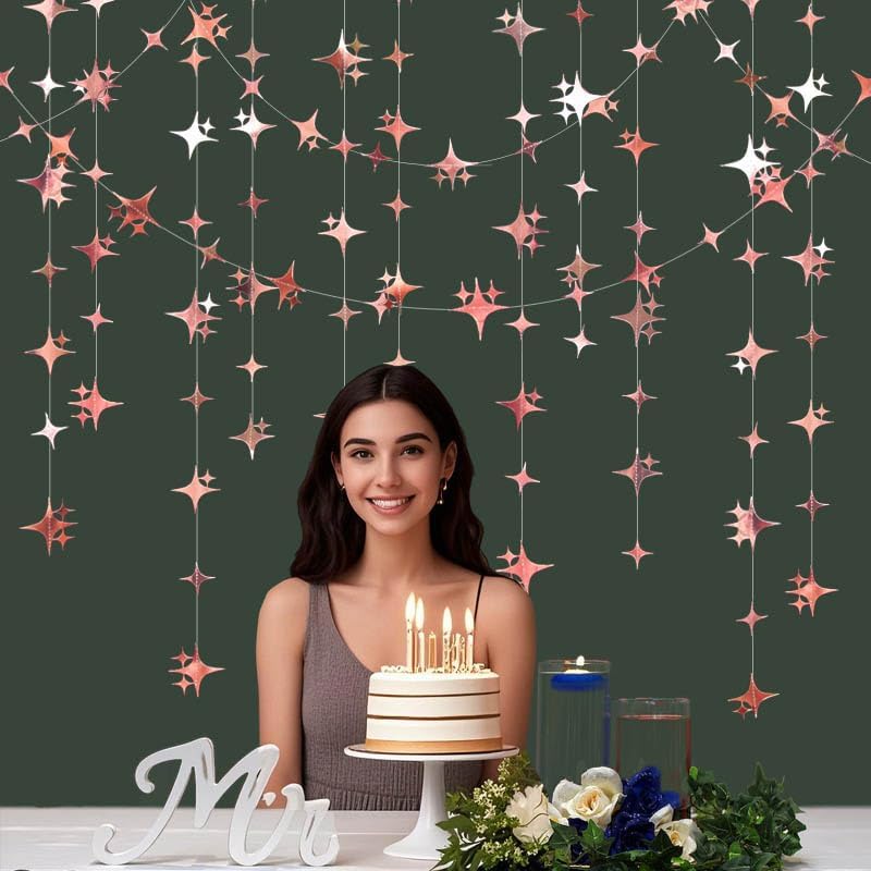Glitter Rose Gold Four-Angle Star Paper Garland Banner Décor 40 Feet Twinkle Rose Gold Star Hanging Bunting Banner Backdrop for Wedding Baby Shower Birthday Graduation Disco Party Decorations