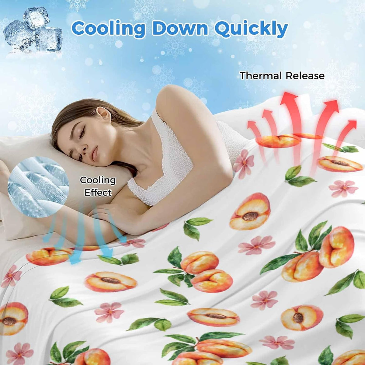 Peach Cooling Blankets for Hot Sleepers Summer Fruit Pink Flowers Cool Throw Blanket, Lightweight Ice Blanket 30" x 40" Summer Cold Blankets for Night Sweats
