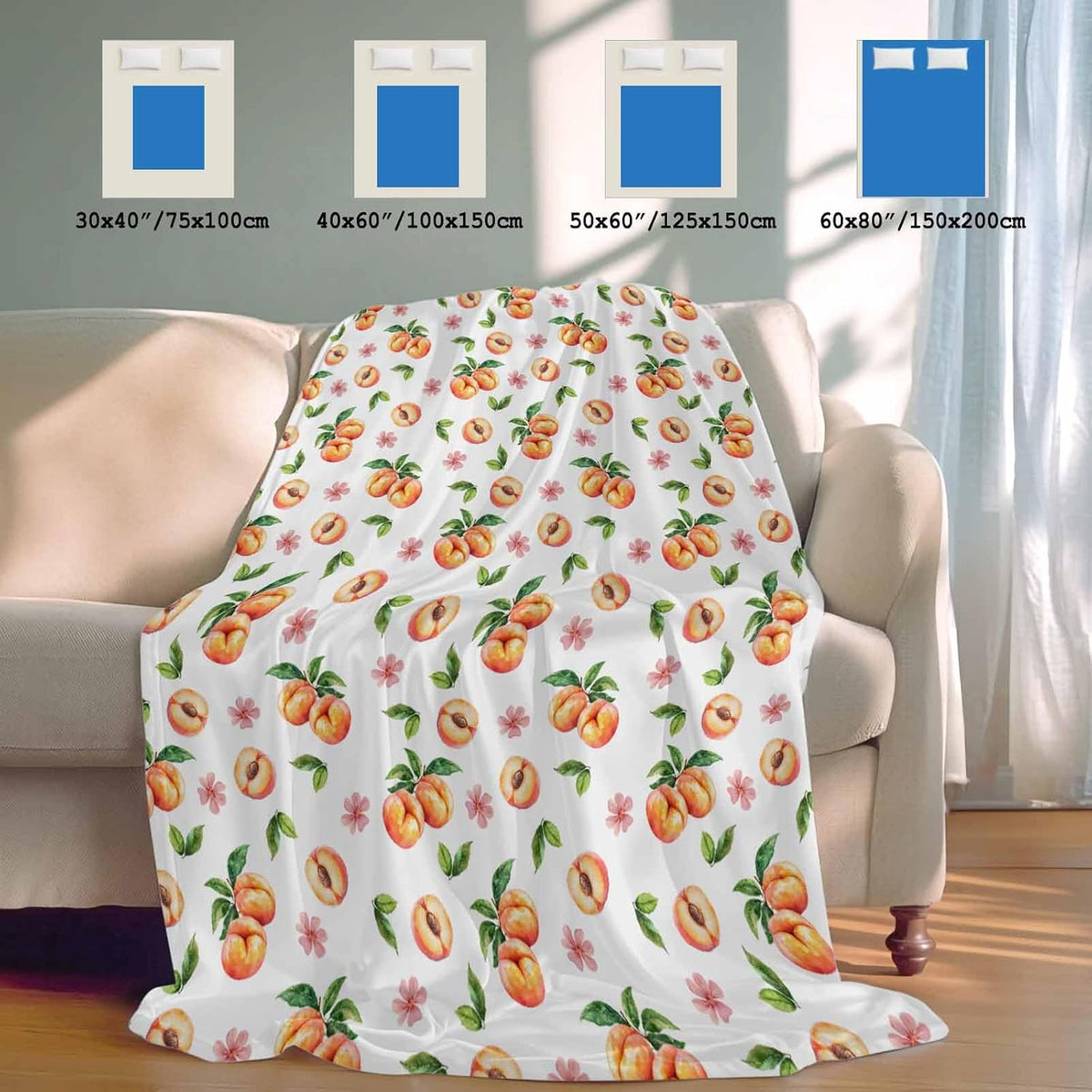 Peach Cooling Blankets for Hot Sleepers Summer Fruit Pink Flowers Cool Throw Blanket, Lightweight Ice Blanket 30" x 40" Summer Cold Blankets for Night Sweats