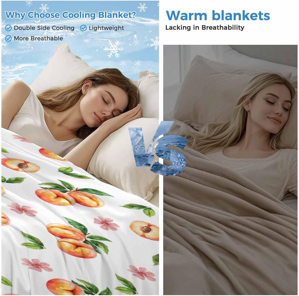 Peach Cooling Blankets for Hot Sleepers Summer Fruit Pink Flowers Cool Throw Blanket, Lightweight Ice Blanket 30" x 40" Summer Cold Blankets for Night Sweats