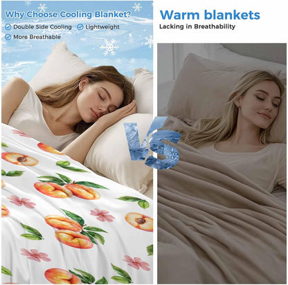 Peach Cooling Blankets for Hot Sleepers Summer Fruit Pink Flowers Cool Throw Blanket, Lightweight Ice Blanket 30" x 40" Summer Cold Blankets for Night Sweats