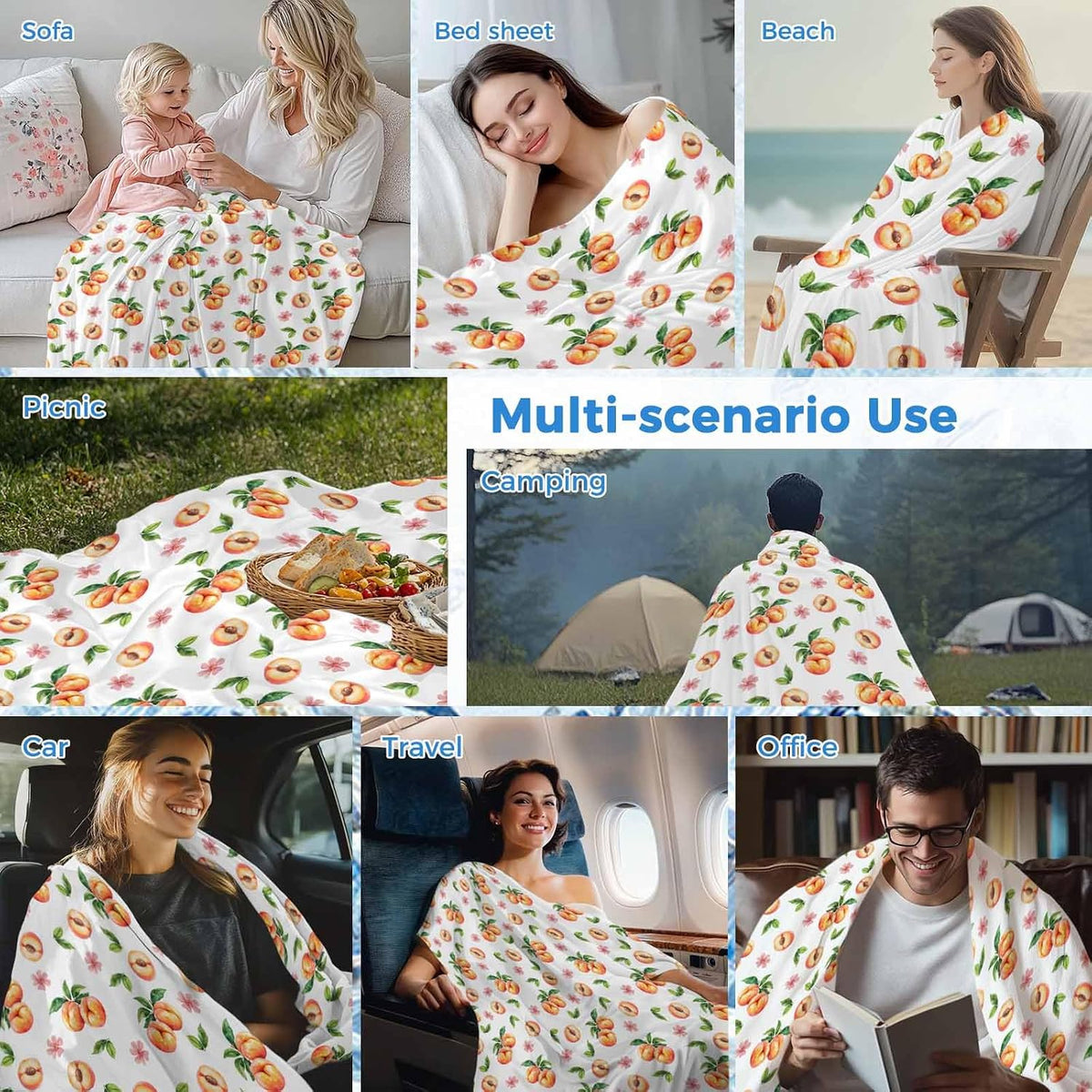Peach Cooling Blankets for Hot Sleepers Summer Fruit Pink Flowers Cool Throw Blanket, Lightweight Ice Blanket 30" x 40" Summer Cold Blankets for Night Sweats