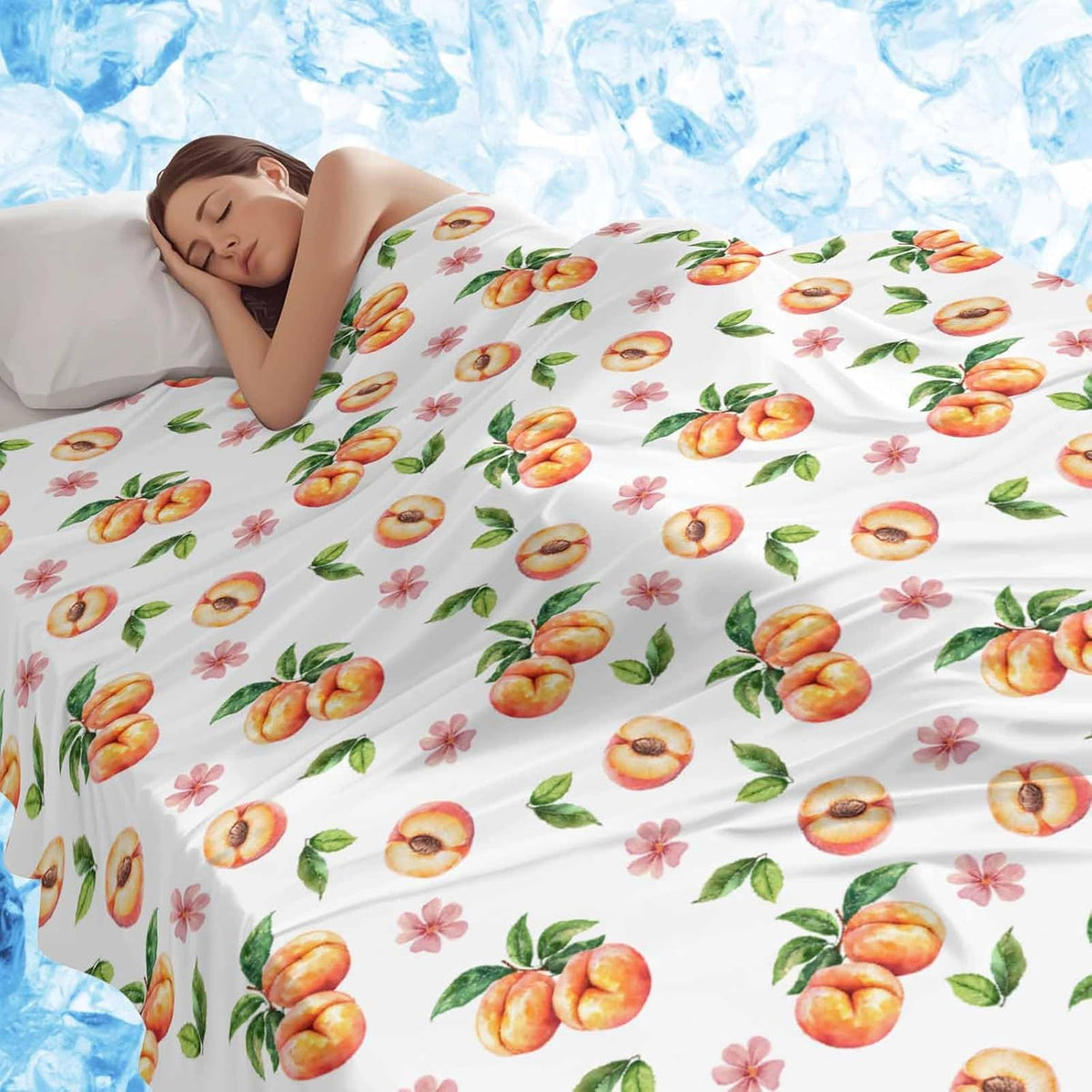 Peach Cooling Blankets for Hot Sleepers Summer Fruit Pink Flowers Cool Throw Blanket, Lightweight Ice Blanket 30" x 40" Summer Cold Blankets for Night Sweats