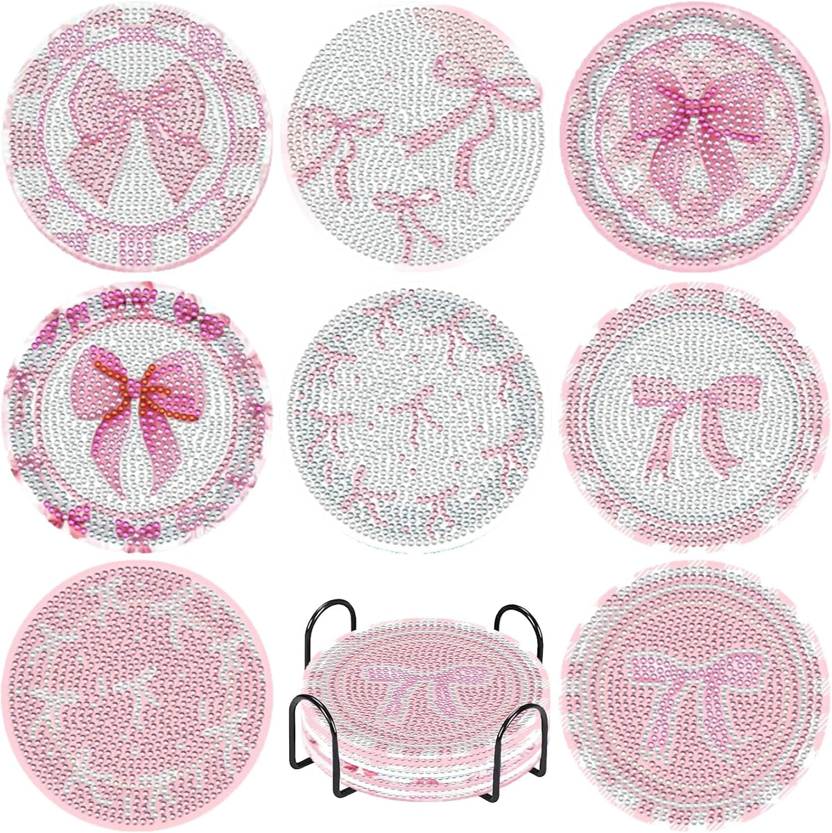 8 Pcs Diamond Painting Coasters,Diamond Painting Kits,Pink Bow Diamond Art Coasters,5D DIY Full Drill Diamond Dots,Gem Art Kits for Adults Arts and Crafts Supplies