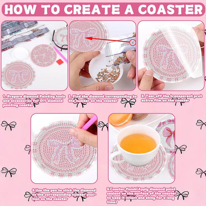 8 Pcs Diamond Painting Coasters,Diamond Painting Kits,Pink Bow Diamond Art Coasters,5D DIY Full Drill Diamond Dots,Gem Art Kits for Adults Arts and Crafts Supplies