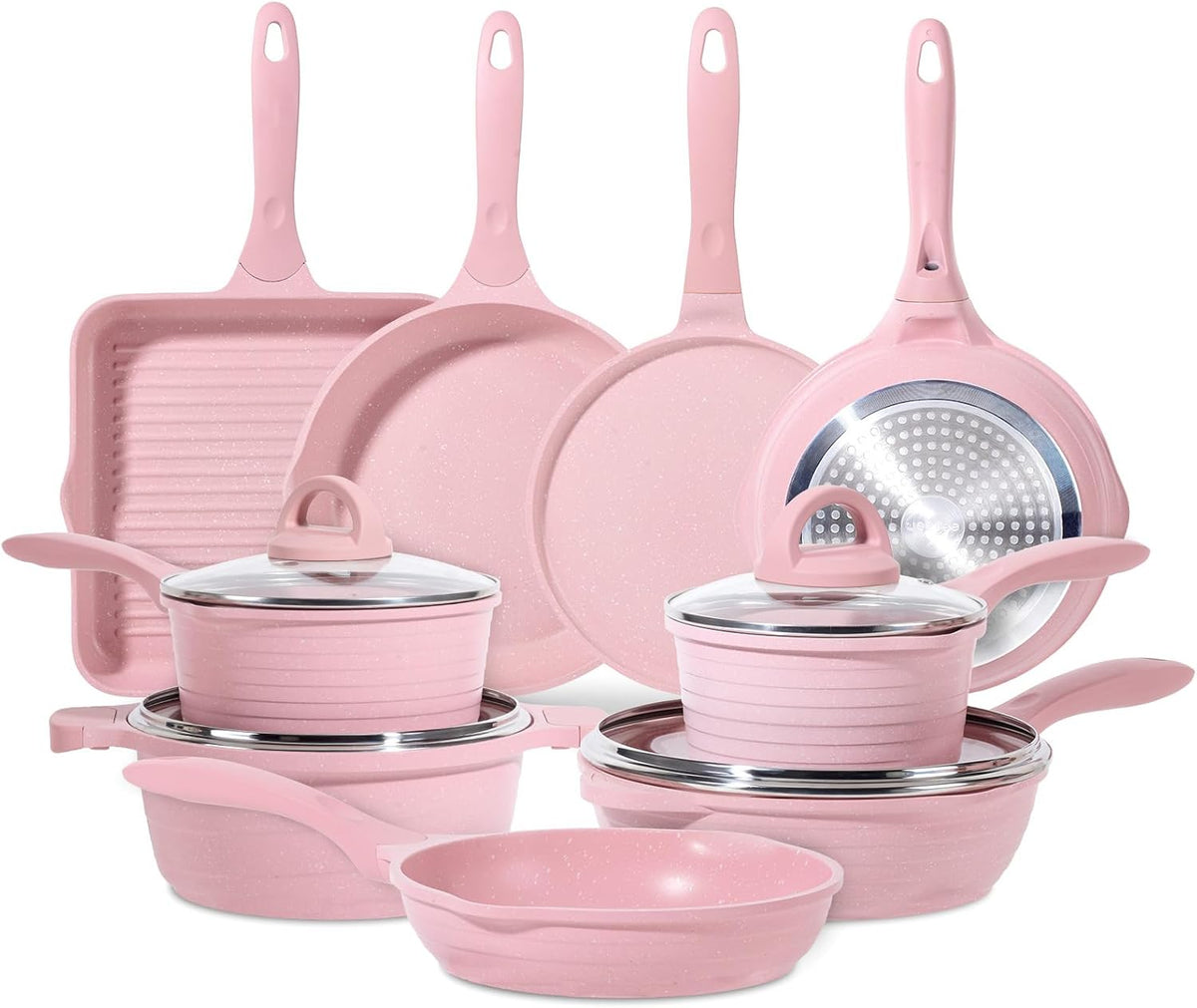 Pink Pots and Pans Set Nonstick 23pcs, Healthy Kitchen Cookware Sets