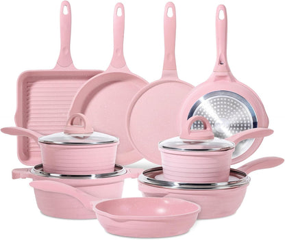 Pink Pots and Pans Set Nonstick 23pcs, Healthy Kitchen Cookware Sets