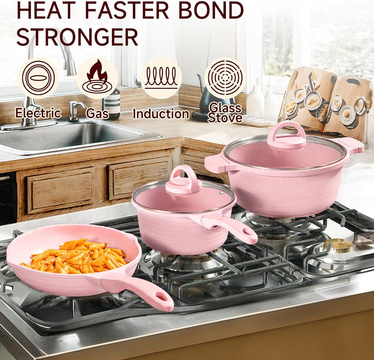 Pink Pots and Pans Set Nonstick 23pcs, Healthy Kitchen Cookware Sets