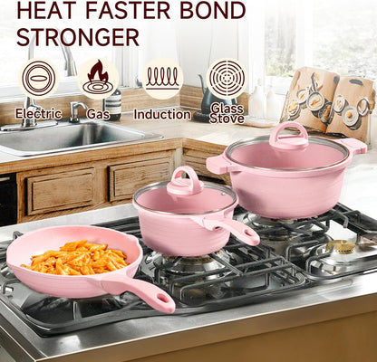 Pink Pots and Pans Set Nonstick 23pcs, Healthy Kitchen Cookware Sets