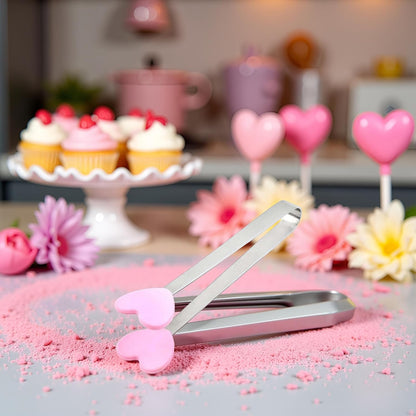 Pink Mini Hand Shape Tong Silicone Food Tongs Stainless Steel Kitchen Tongs Small Kids Tongs for Sugar Cubes, Serving Food, Salad Buffet Home and Kitchen (Heart Shape)
