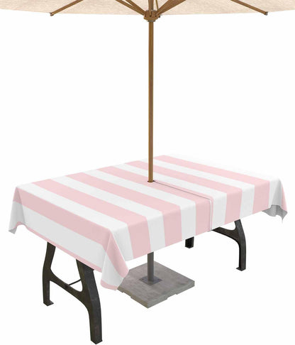 Pink Striped Outdoor Tablecloth with Umbrella Hole & Zipper, Farmhouse Rectangle Tablecloth 60x84 Inch, Modern Pink White Stripes Patio Table Cover Waterproof Table Cloth for Picnic/Party
