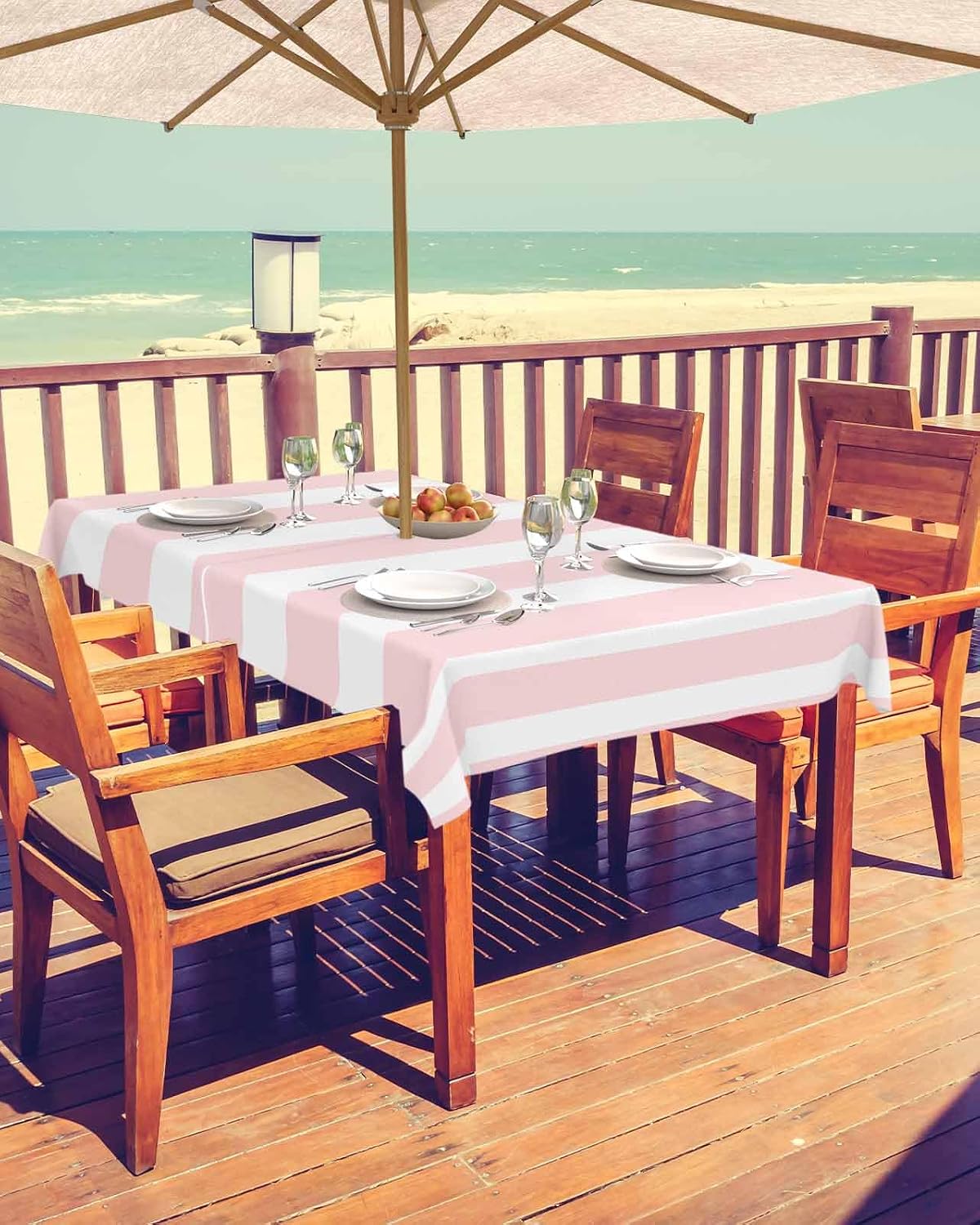 Pink Striped Outdoor Tablecloth with Umbrella Hole & Zipper, Farmhouse Rectangle Tablecloth 60x84 Inch, Modern Pink White Stripes Patio Table Cover Waterproof Table Cloth for Picnic/Party