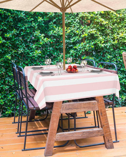 Pink Striped Outdoor Tablecloth with Umbrella Hole & Zipper, Farmhouse Rectangle Tablecloth 60x84 Inch, Modern Pink White Stripes Patio Table Cover Waterproof Table Cloth for Picnic/Party