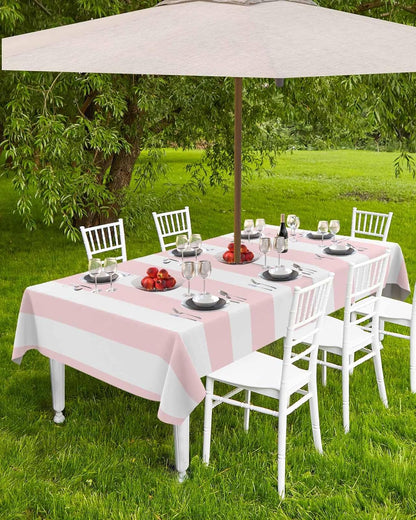 Pink Striped Outdoor Tablecloth with Umbrella Hole & Zipper, Farmhouse Rectangle Tablecloth 60x84 Inch, Modern Pink White Stripes Patio Table Cover Waterproof Table Cloth for Picnic/Party