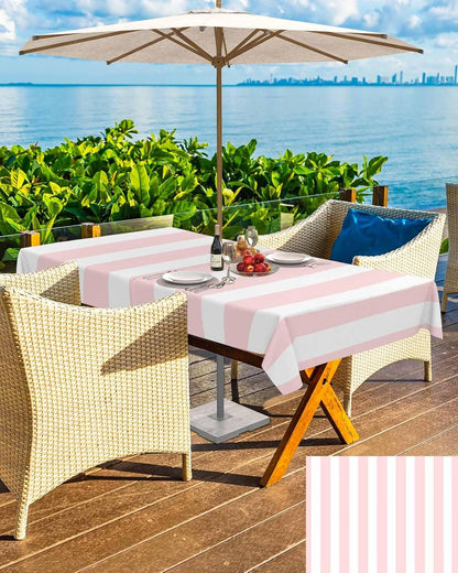 Pink Striped Outdoor Tablecloth with Umbrella Hole & Zipper, Farmhouse Rectangle Tablecloth 60x84 Inch, Modern Pink White Stripes Patio Table Cover Waterproof Table Cloth for Picnic/Party