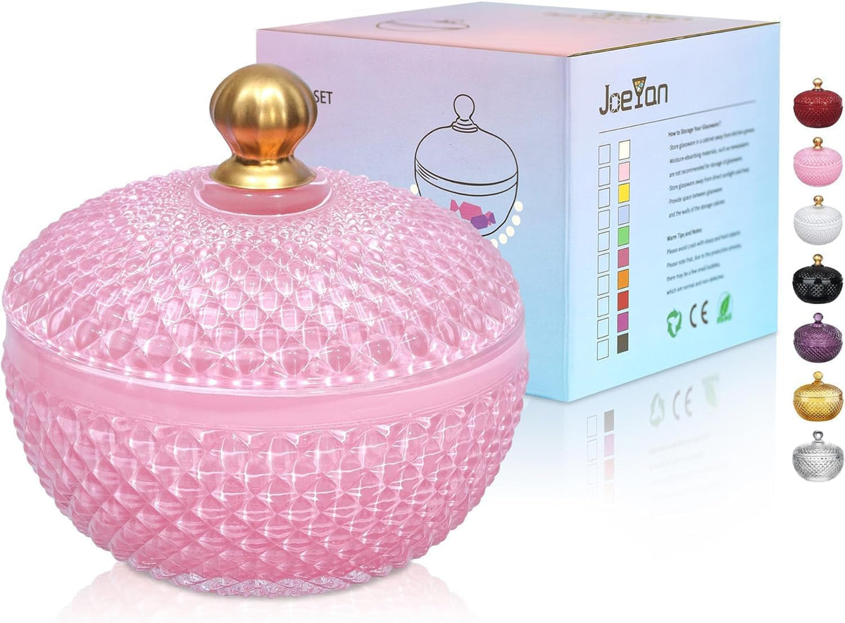 Joeyan 12 oz Small Pink Glass Jewelry Box Jars with Lid,Glass Candy Dishes