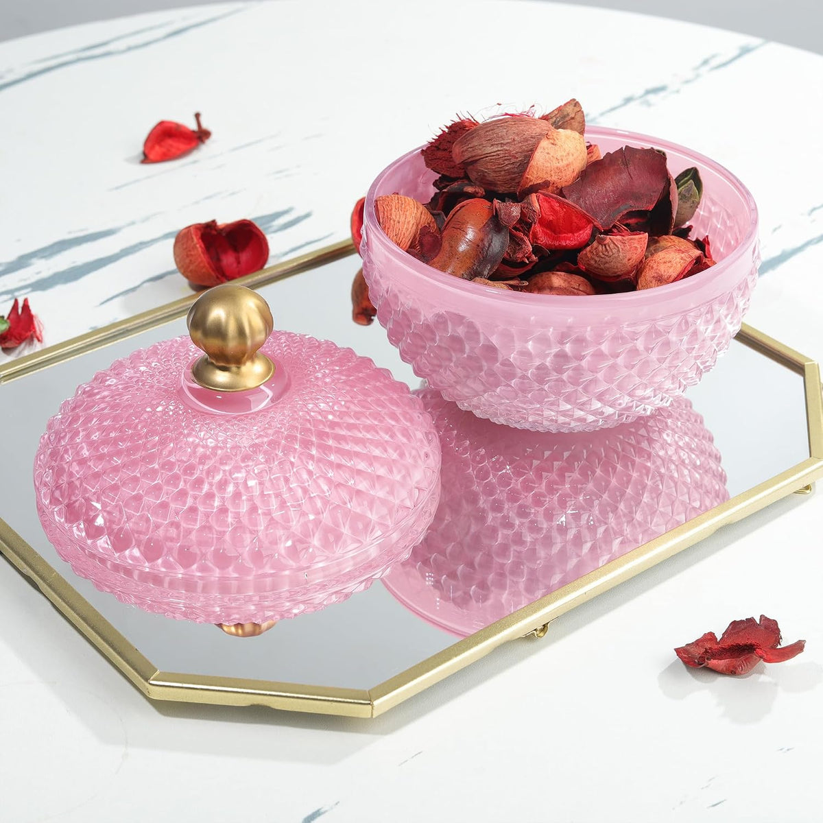 Joeyan 12 oz Small Pink Glass Jewelry Box Jars with Lid,Glass Candy Dishes