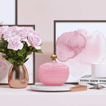 Joeyan 12 oz Small Pink Glass Jewelry Box Jars with Lid,Glass Candy Dishes