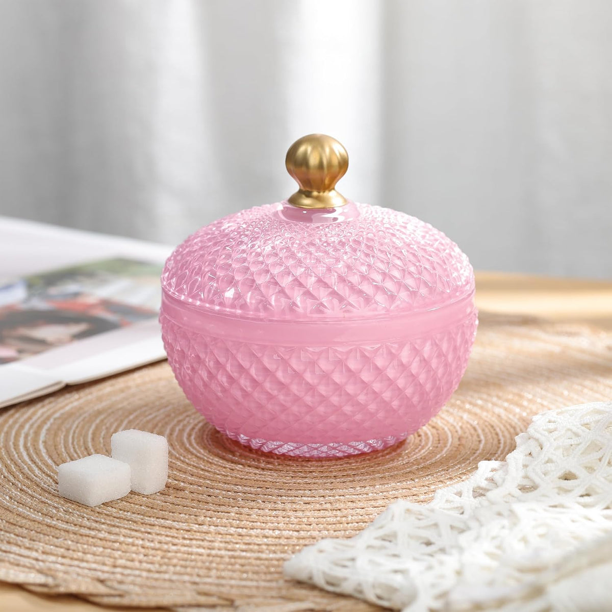 Joeyan 12 oz Small Pink Glass Jewelry Box Jars with Lid,Glass Candy Dishes