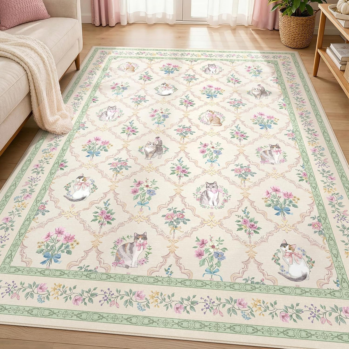 Cat Rug 5x7, Washable Floral Area Rug for Girls Bedroom, Cute Cat Rug for Nursery, Playroom, Dorm Room, Soft Non Slip Low Pile Carpet Cream Sage Green