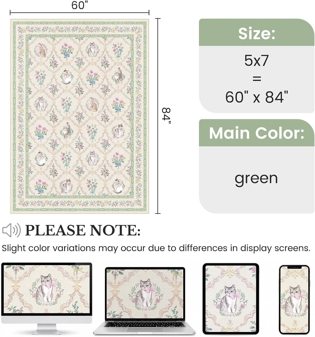Cat Rug 5x7, Washable Floral Area Rug for Girls Bedroom, Cute Cat Rug for Nursery, Playroom, Dorm Room, Soft Non Slip Low Pile Carpet Cream Sage Green