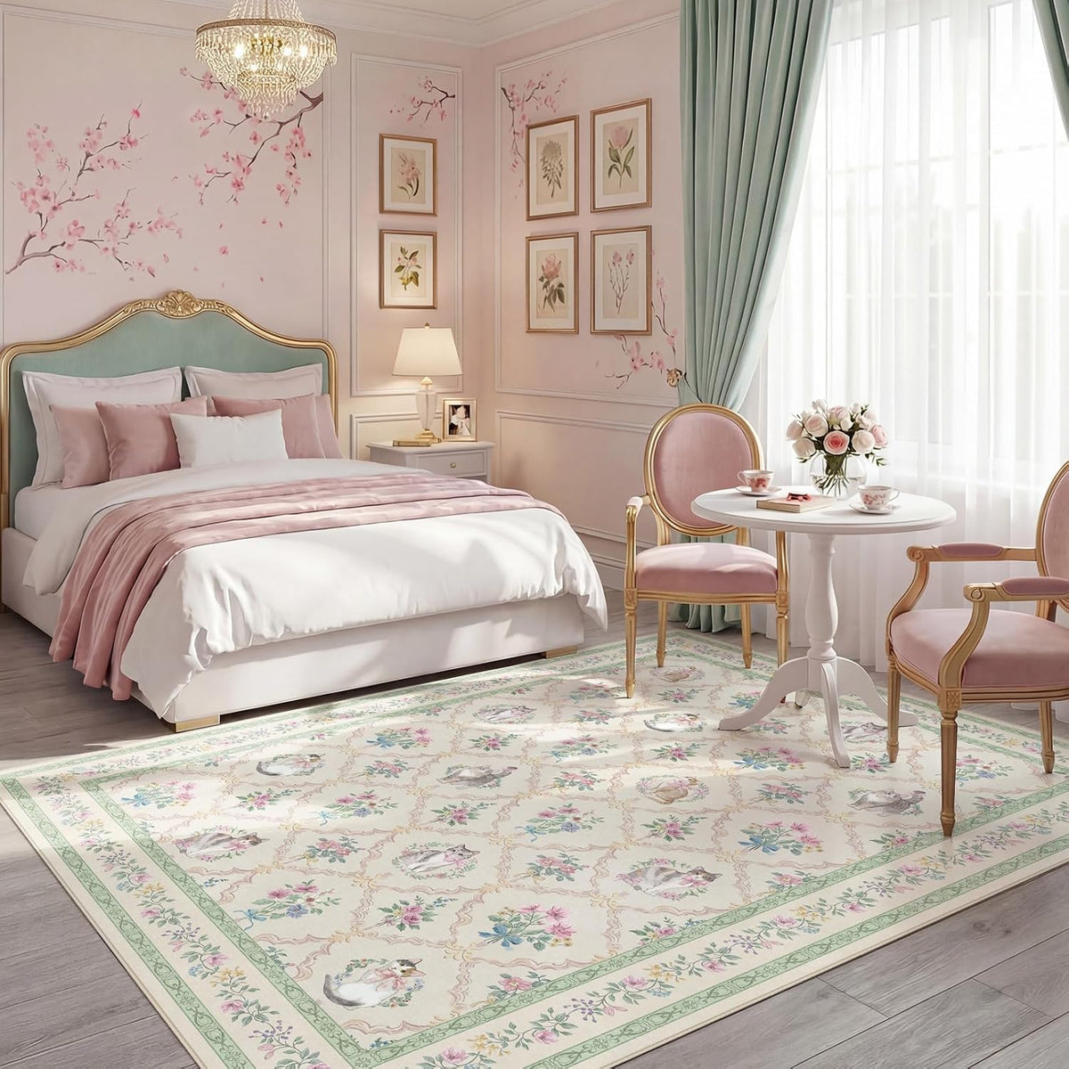 Cat Rug 5x7, Washable Floral Area Rug for Girls Bedroom, Cute Cat Rug for Nursery, Playroom, Dorm Room, Soft Non Slip Low Pile Carpet Cream Sage Green