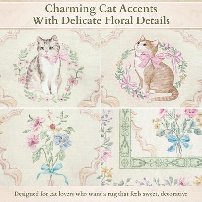 Cat Rug 5x7, Washable Floral Area Rug for Girls Bedroom, Cute Cat Rug for Nursery, Playroom, Dorm Room, Soft Non Slip Low Pile Carpet Cream Sage Green