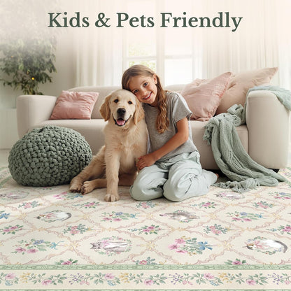 Cat Rug 5x7, Washable Floral Area Rug for Girls Bedroom, Cute Cat Rug for Nursery, Playroom, Dorm Room, Soft Non Slip Low Pile Carpet Cream Sage Green