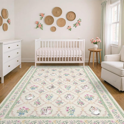 Cat Rug 5x7, Washable Floral Area Rug for Girls Bedroom, Cute Cat Rug for Nursery, Playroom, Dorm Room, Soft Non Slip Low Pile Carpet Cream Sage Green