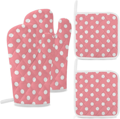 4PCS Oven Mitts Glove Kitchen Heat Resistant Pot Holders Set Pink with White Polka Dots Pattern Kitchen Microwave Oven Gloves Mitts Anti-Scald Baking Cooking Gloves