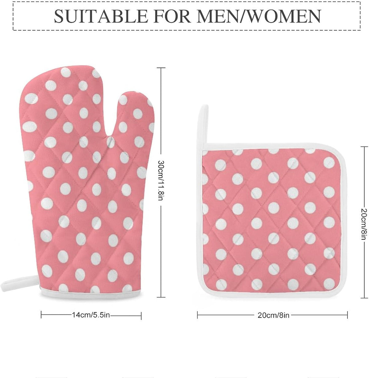 4PCS Oven Mitts Glove Kitchen Heat Resistant Pot Holders Set Pink with White Polka Dots Pattern Kitchen Microwave Oven Gloves Mitts Anti-Scald Baking Cooking Gloves