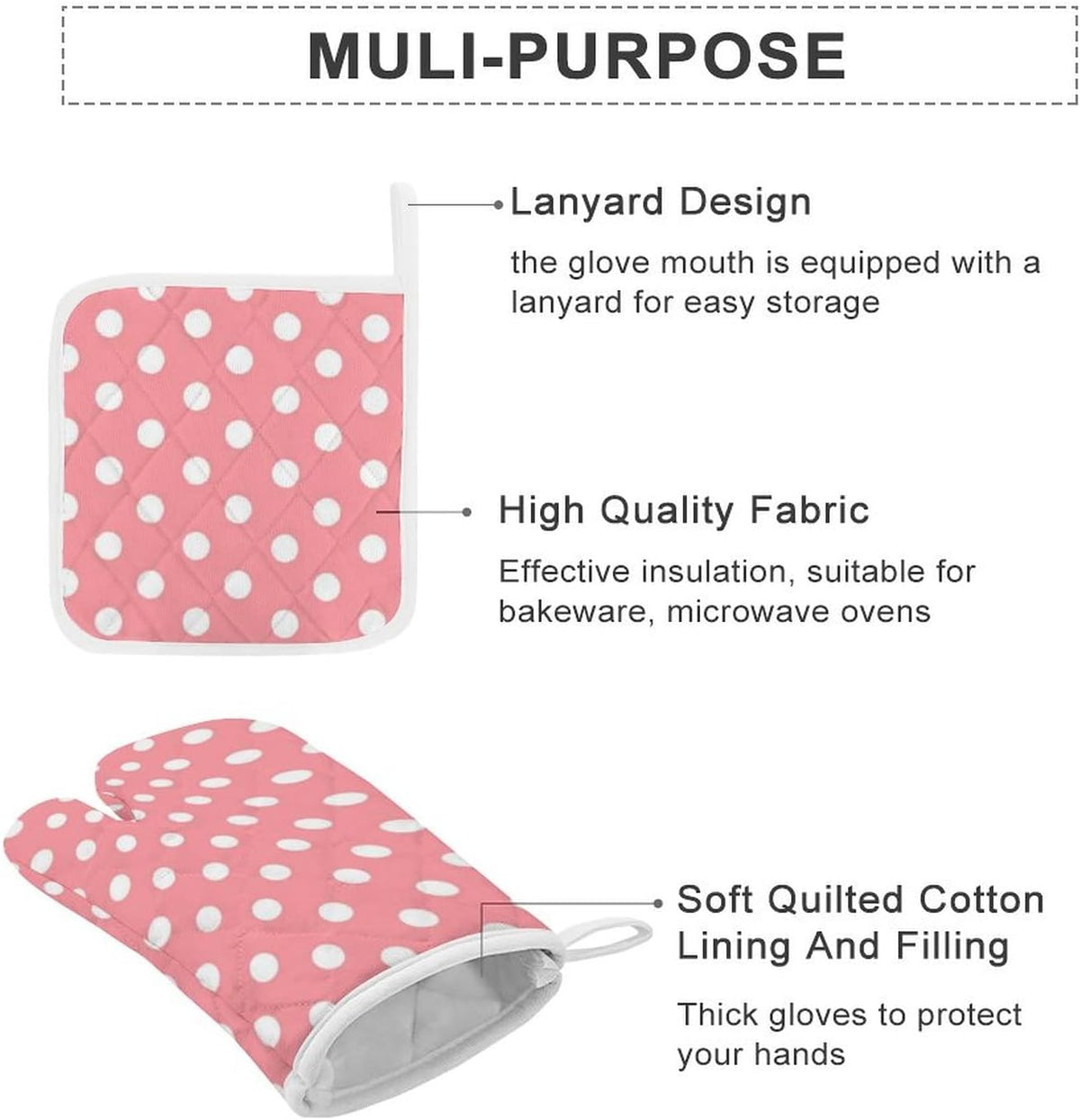 4PCS Oven Mitts Glove Kitchen Heat Resistant Pot Holders Set Pink with White Polka Dots Pattern Kitchen Microwave Oven Gloves Mitts Anti-Scald Baking Cooking Gloves