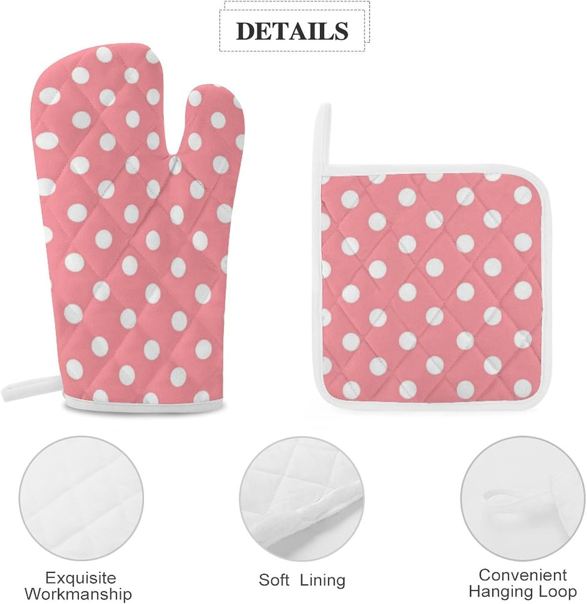 4PCS Oven Mitts Glove Kitchen Heat Resistant Pot Holders Set Pink with White Polka Dots Pattern Kitchen Microwave Oven Gloves Mitts Anti-Scald Baking Cooking Gloves