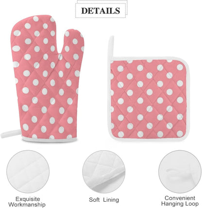 4PCS Oven Mitts Glove Kitchen Heat Resistant Pot Holders Set Pink with White Polka Dots Pattern Kitchen Microwave Oven Gloves Mitts Anti-Scald Baking Cooking Gloves