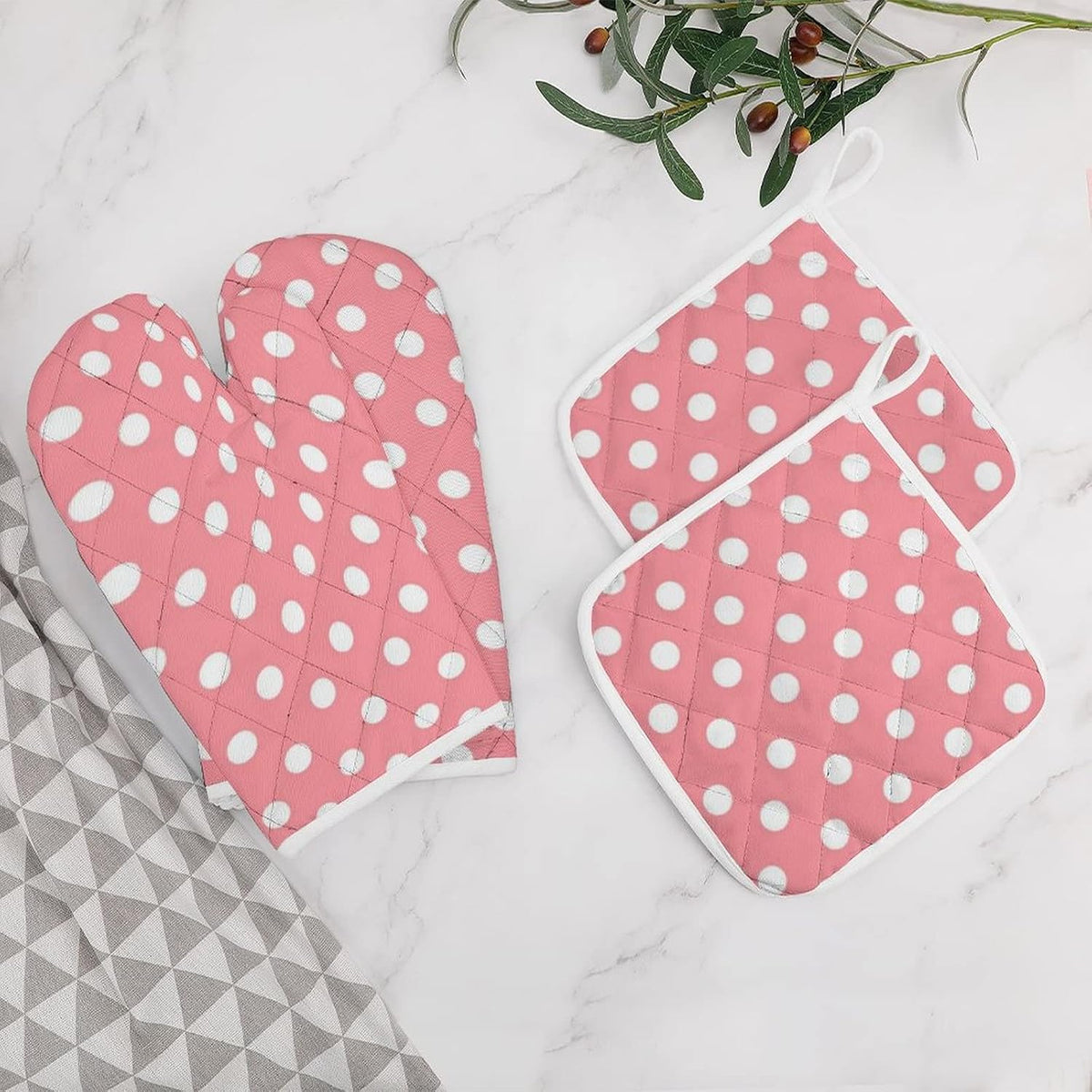 4PCS Oven Mitts Glove Kitchen Heat Resistant Pot Holders Set Pink with White Polka Dots Pattern Kitchen Microwave Oven Gloves Mitts Anti-Scald Baking Cooking Gloves