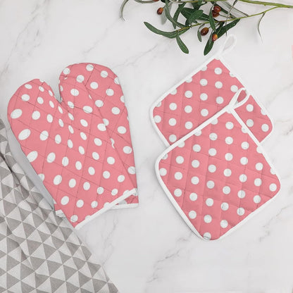 4PCS Oven Mitts Glove Kitchen Heat Resistant Pot Holders Set Pink with White Polka Dots Pattern Kitchen Microwave Oven Gloves Mitts Anti-Scald Baking Cooking Gloves