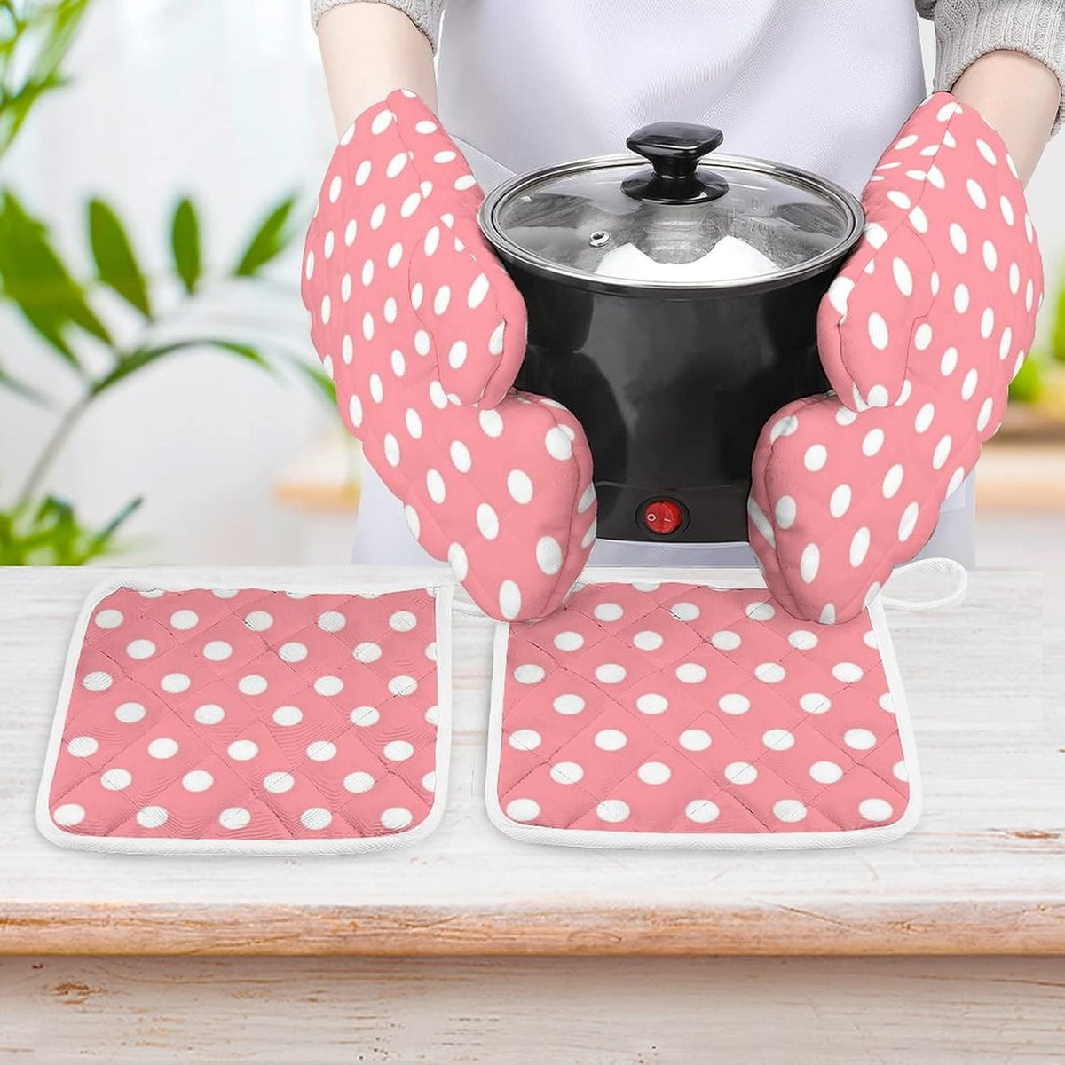 4PCS Oven Mitts Glove Kitchen Heat Resistant Pot Holders Set Pink with White Polka Dots Pattern Kitchen Microwave Oven Gloves Mitts Anti-Scald Baking Cooking Gloves