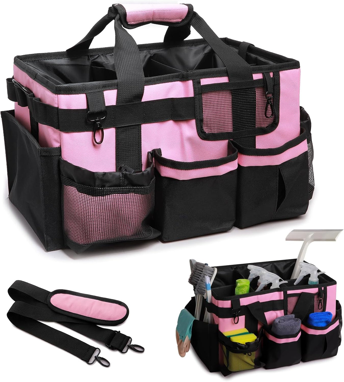 Large Wearable Cleaning Caddy Bag, Pink Tool Bag with Adjustable Shoulder Straps & Divider, 14 inch Cleaning Supplies Organizer for Housekeepers & Cleaners