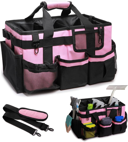 Large Wearable Cleaning Caddy Bag, Pink Tool Bag with Adjustable Shoulder Straps & Divider, 14 inch Cleaning Supplies Organizer for Housekeepers & Cleaners