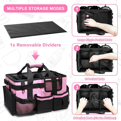 Large Wearable Cleaning Caddy Bag, Pink Tool Bag with Adjustable Shoulder Straps & Divider, 14 inch Cleaning Supplies Organizer for Housekeepers & Cleaners