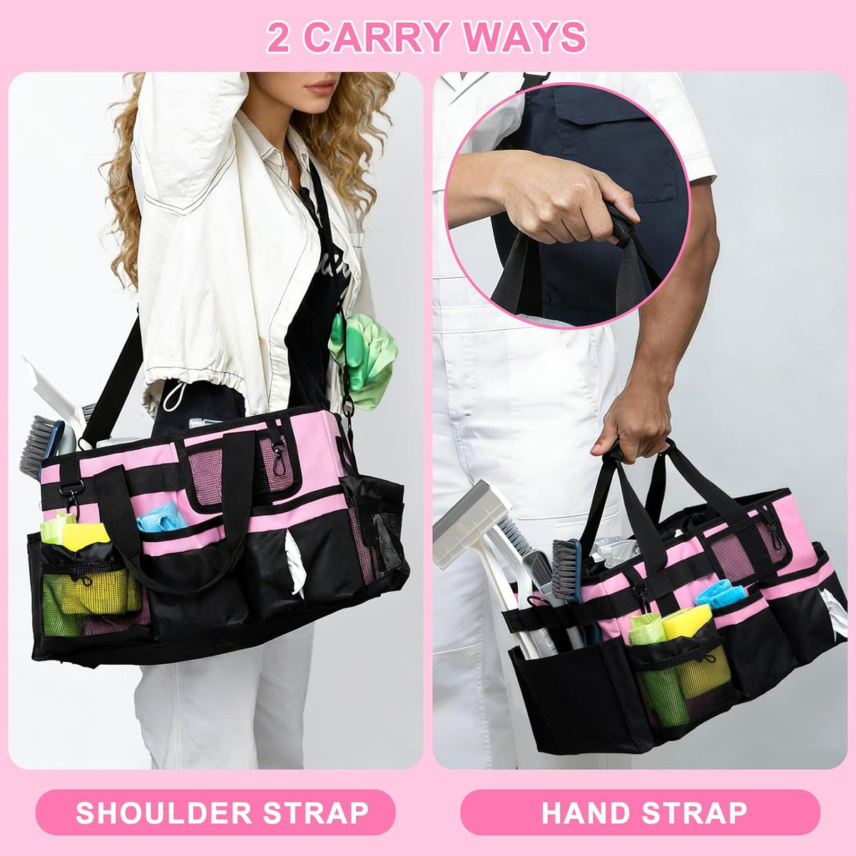 Large Wearable Cleaning Caddy Bag, Pink Tool Bag with Adjustable Shoulder Straps & Divider, 14 inch Cleaning Supplies Organizer for Housekeepers & Cleaners