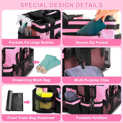Large Wearable Cleaning Caddy Bag, Pink Tool Bag with Adjustable Shoulder Straps & Divider, 14 inch Cleaning Supplies Organizer for Housekeepers & Cleaners