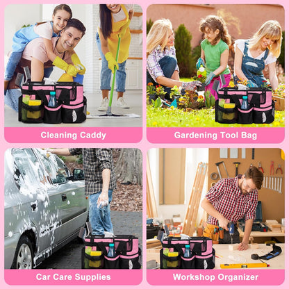 Large Wearable Cleaning Caddy Bag, Pink Tool Bag with Adjustable Shoulder Straps & Divider, 14 inch Cleaning Supplies Organizer for Housekeepers & Cleaners