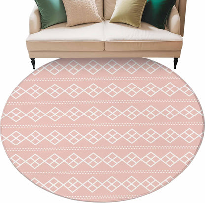 Peach Pink Checkered Round Living Room Rugs 8 ft, Abstract White Geometric Argyle Stripe Washable Large Area Rug with Non-Slip Sturdy Edge Binding Round Carpet for Dining Room Kitchen Office