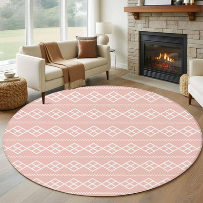 Peach Pink Checkered Round Living Room Rugs 8 ft, Abstract White Geometric Argyle Stripe Washable Large Area Rug with Non-Slip Sturdy Edge Binding Round Carpet for Dining Room Kitchen Office