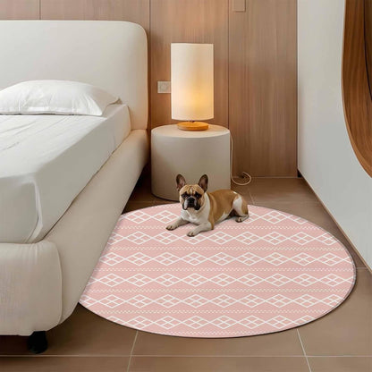 Peach Pink Checkered Round Living Room Rugs 8 ft, Abstract White Geometric Argyle Stripe Washable Large Area Rug with Non-Slip Sturdy Edge Binding Round Carpet for Dining Room Kitchen Office