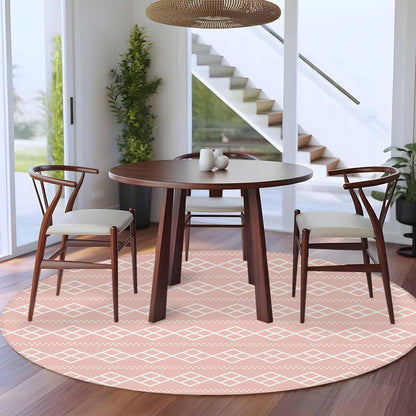Peach Pink Checkered Round Living Room Rugs 8 ft, Abstract White Geometric Argyle Stripe Washable Large Area Rug with Non-Slip Sturdy Edge Binding Round Carpet for Dining Room Kitchen Office