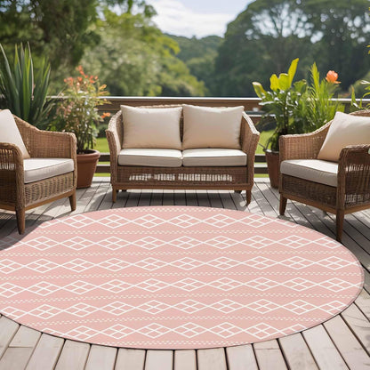 Peach Pink Checkered Round Living Room Rugs 8 ft, Abstract White Geometric Argyle Stripe Washable Large Area Rug with Non-Slip Sturdy Edge Binding Round Carpet for Dining Room Kitchen Office