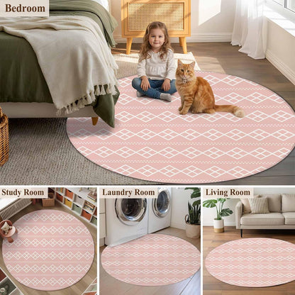 Peach Pink Checkered Round Living Room Rugs 8 ft, Abstract White Geometric Argyle Stripe Washable Large Area Rug with Non-Slip Sturdy Edge Binding Round Carpet for Dining Room Kitchen Office