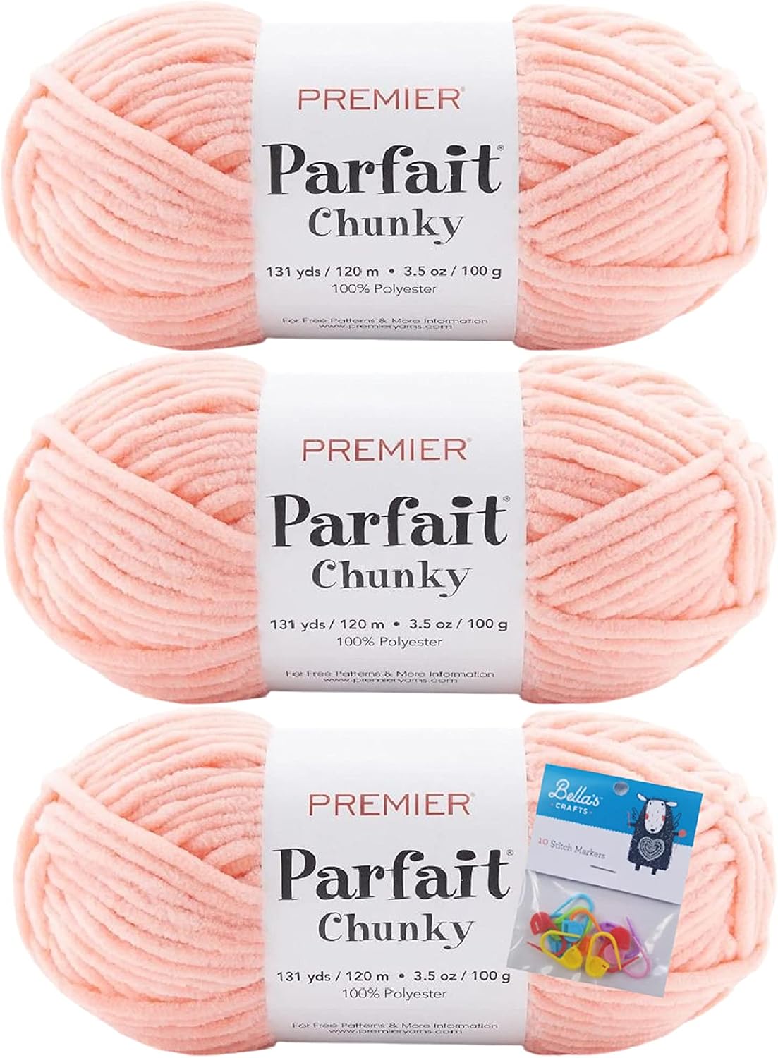 Premier Parfait Chunky Chenille Yarn 3 Pk Bundle with Markers (Peach)